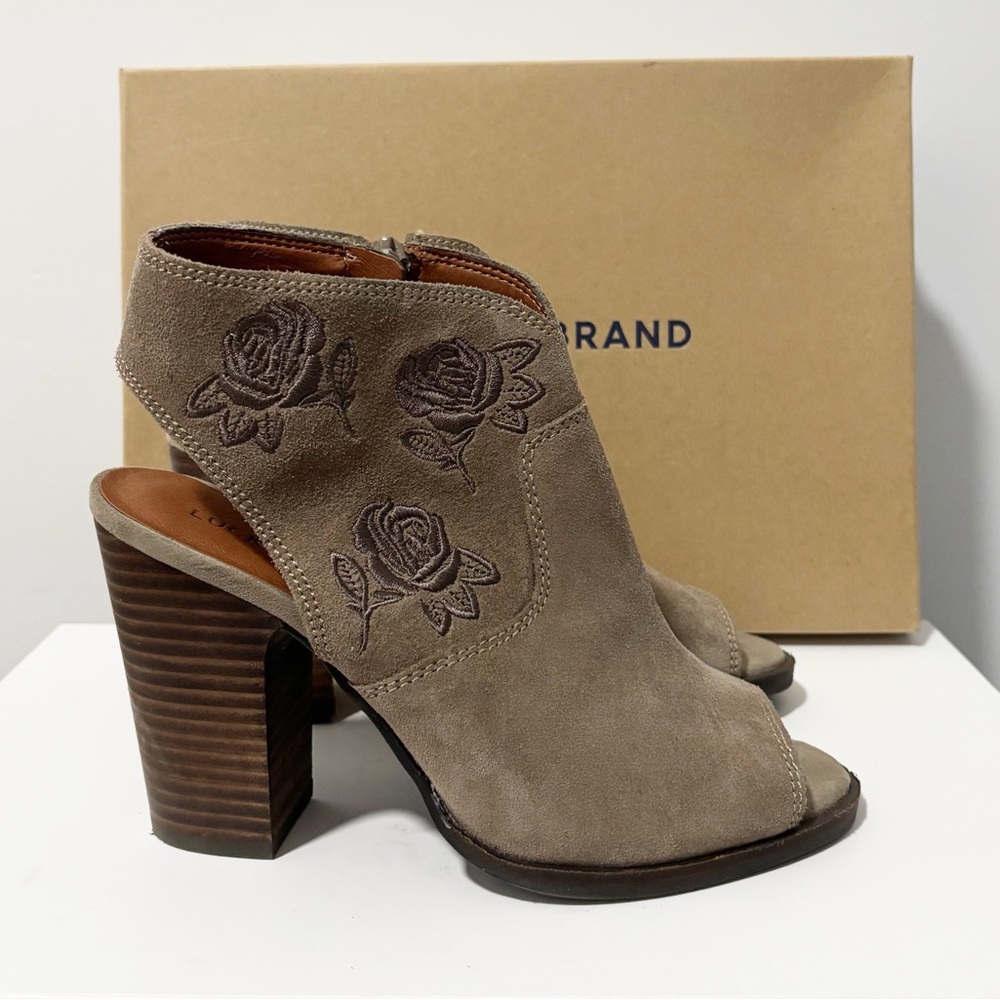 Lucky Brand Listana Booties Womens 7M Floral‎ Embroidered Peep Toe Block Heel